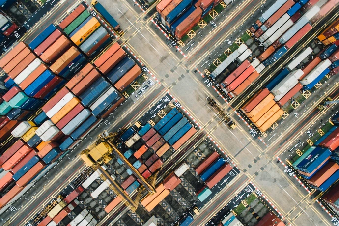 aerial view of shipping container yard